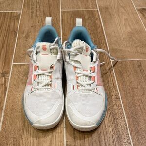 K-Swiss White Athletic Shoes with Light Blue and Coral Accents